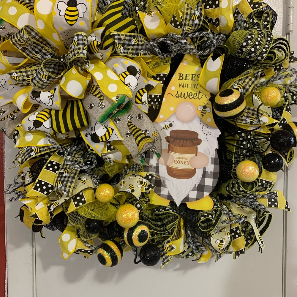 Hand Crafted Yellow and Black Holiday Wreath with Bee Accents